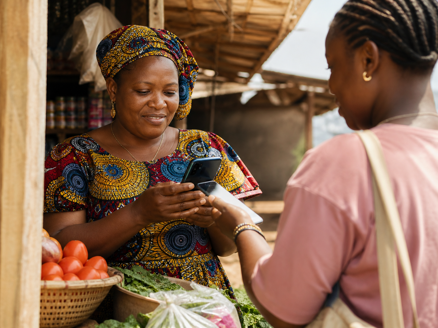 A Nigerian market trader accepting a secure digital payment